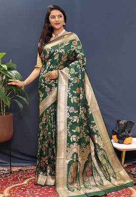 Dark green banarasi silk blend saree with all-over gold zari floral jaal 1