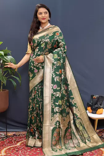 Dark green banarasi silk blend saree with all-over gold zari floral jaal