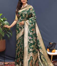 Dark green banarasi silk blend saree with all-over gold zari floral jaal