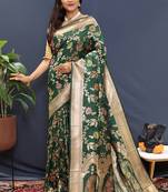 Dark green banarasi silk blend saree with all-over gold zari floral jaal
