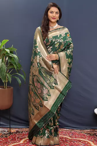 Dark green banarasi silk blend saree with all-over gold zari floral jaal