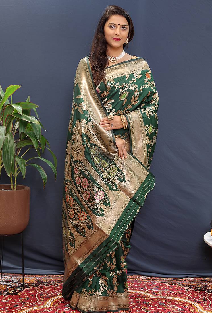 Dark green banarasi silk blend saree with all-over gold zari floral jaal