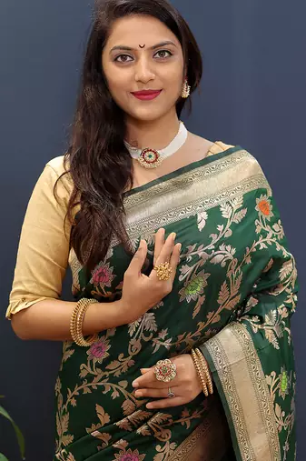Dark green banarasi silk blend saree with all-over gold zari floral jaal