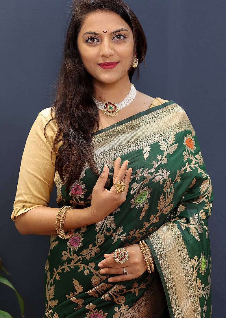 Dark green banarasi silk blend saree with all-over gold zari floral jaal