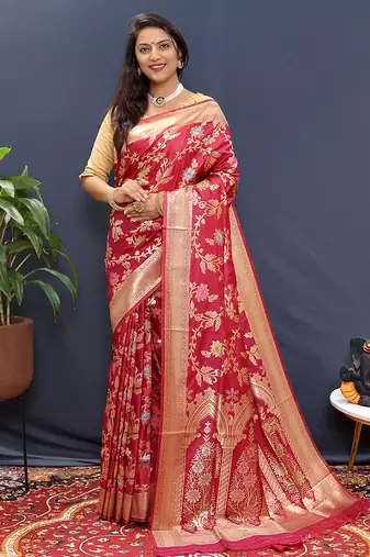 Rani pink banarasi silk blend saree with all-over gold zari floral jaal
