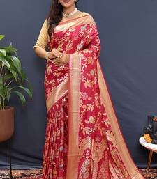 Rani pink banarasi silk blend saree with all-over gold zari floral jaal
