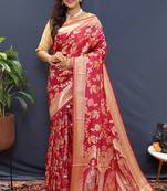 Rani pink banarasi silk blend saree with all-over gold zari floral jaal