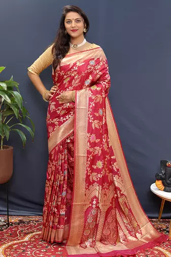 Rani pink banarasi silk blend saree with all-over gold zari floral jaal