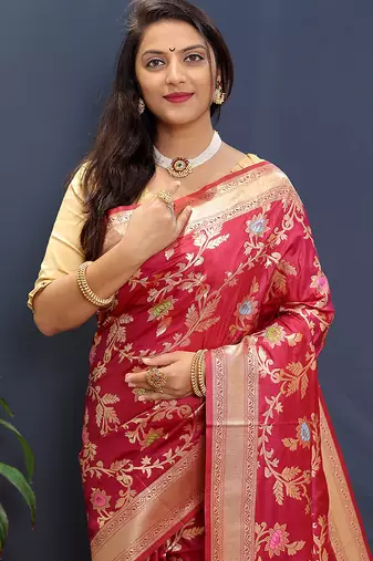 Rani pink banarasi silk blend saree with all-over gold zari floral jaal