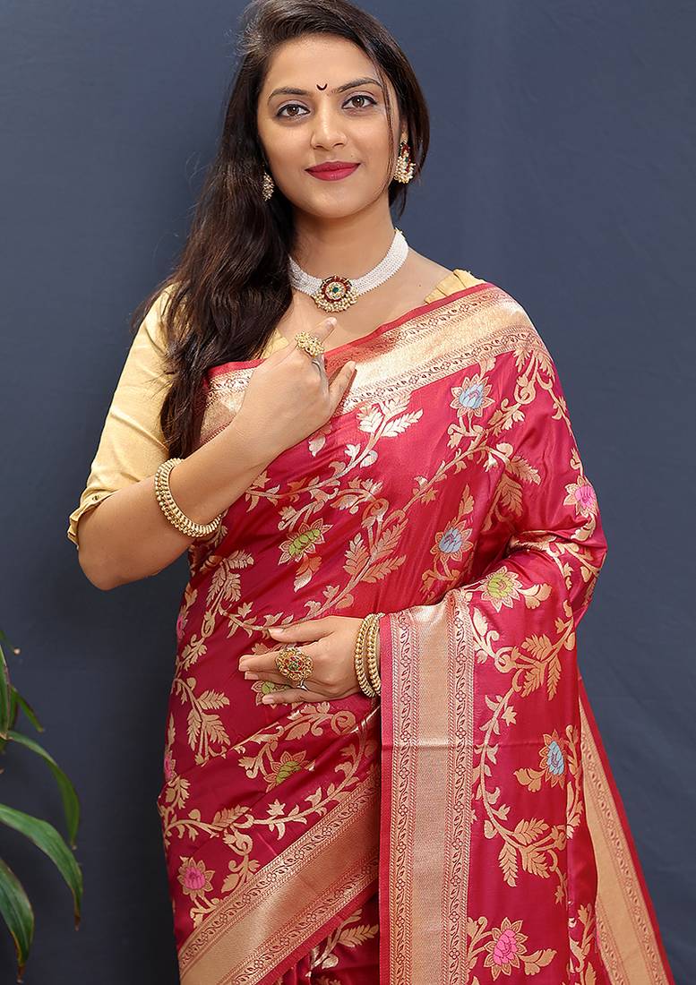 Rani pink banarasi silk blend saree with all-over gold zari floral jaal
