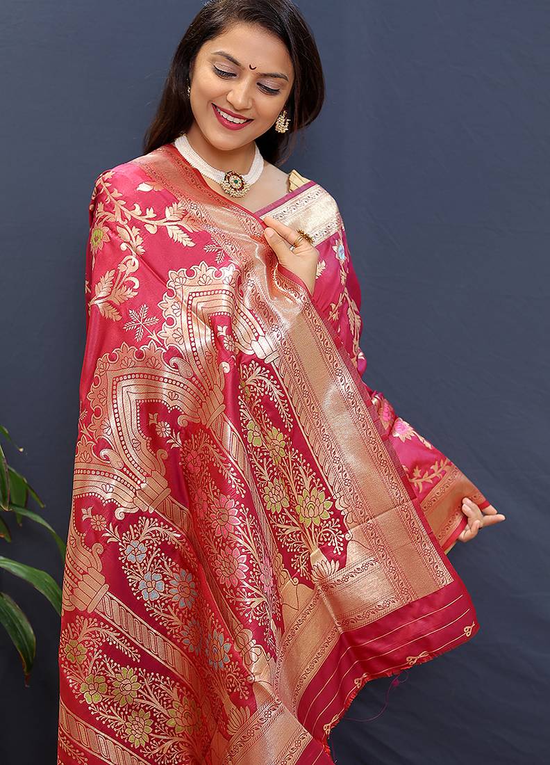Rani pink banarasi silk blend saree with all-over gold zari floral jaal