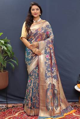 Steel grey banarasi silk blend saree with all-over gold zari floral jaal 1