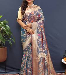 Steel grey banarasi silk blend saree with all-over gold zari floral jaal