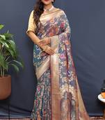 Steel grey banarasi silk blend saree with all-over gold zari floral jaal