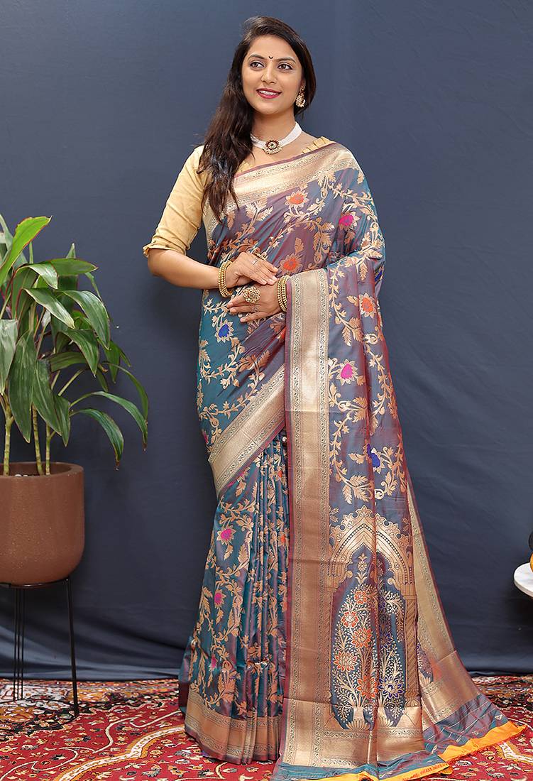 Steel grey banarasi silk blend saree with all-over gold zari floral jaal