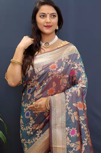 Steel grey banarasi silk blend saree with all-over gold zari floral jaal