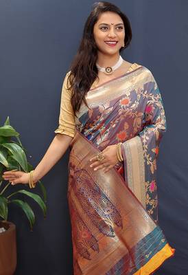 Steel grey banarasi silk blend saree with all-over gold zari floral jaal 4