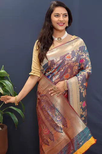 Steel grey banarasi silk blend saree with all-over gold zari floral jaal