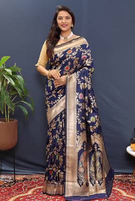 Navy blue banarasi silk blend saree with all-over gold zari floral jaal 1