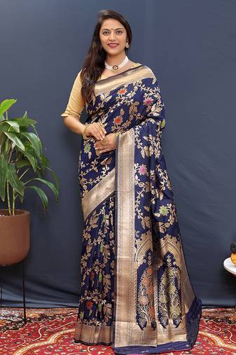 Navy blue banarasi silk blend saree with all-over gold zari floral jaal