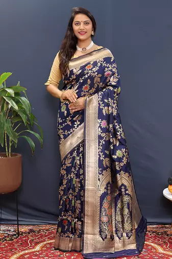 Navy blue banarasi silk blend saree with all-over gold zari floral jaal