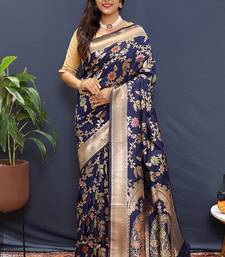 Navy blue banarasi silk blend saree with all-over gold zari floral jaal
