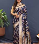 Navy blue banarasi silk blend saree with all-over gold zari floral jaal