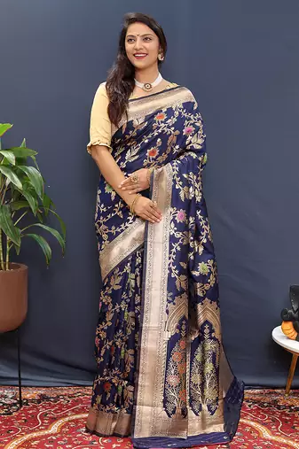 Navy blue banarasi silk blend saree with all-over gold zari floral jaal