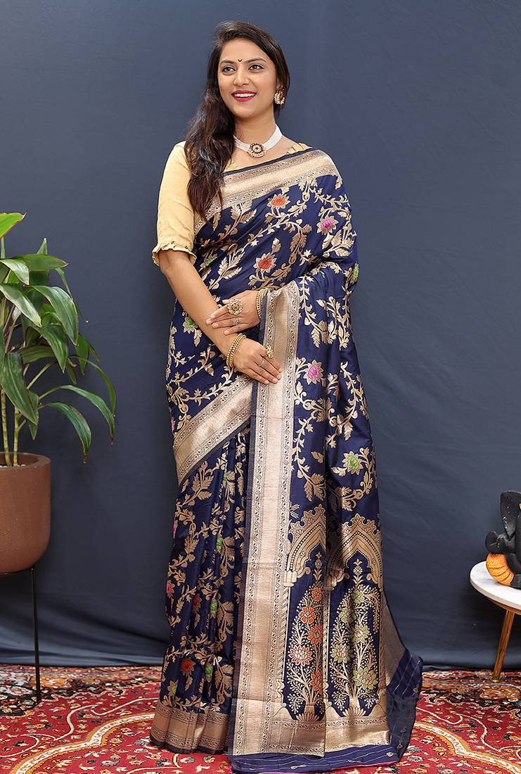 Navy blue banarasi silk blend saree with all-over gold zari floral jaal