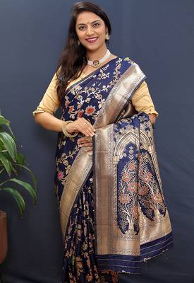 Navy blue banarasi silk blend saree with all-over gold zari floral jaal 3