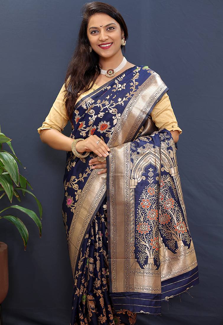 Navy blue banarasi silk blend saree with all-over gold zari floral jaal