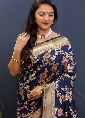 Navy blue banarasi silk blend saree with all-over gold zari floral jaal 4
