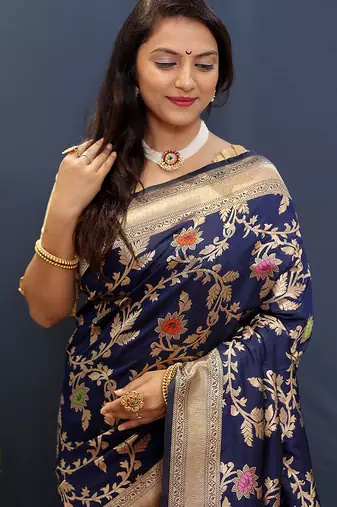 Navy blue banarasi silk blend saree with all-over gold zari floral jaal