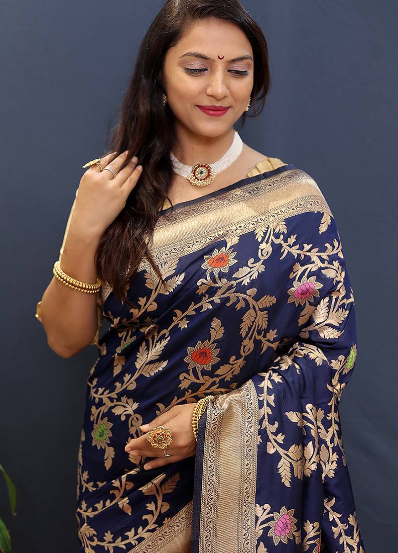 Navy blue banarasi silk blend saree with all-over gold zari floral jaal