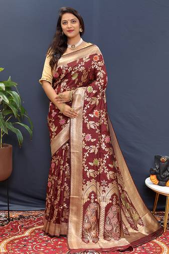Maroon banarasi silk blend saree with all-over gold zari floral jaal