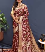 Maroon banarasi silk blend saree with all-over gold zari floral jaal
