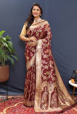 Maroon banarasi silk blend saree with all-over gold zari floral jaal 2