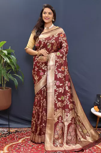 Maroon banarasi silk blend saree with all-over gold zari floral jaal