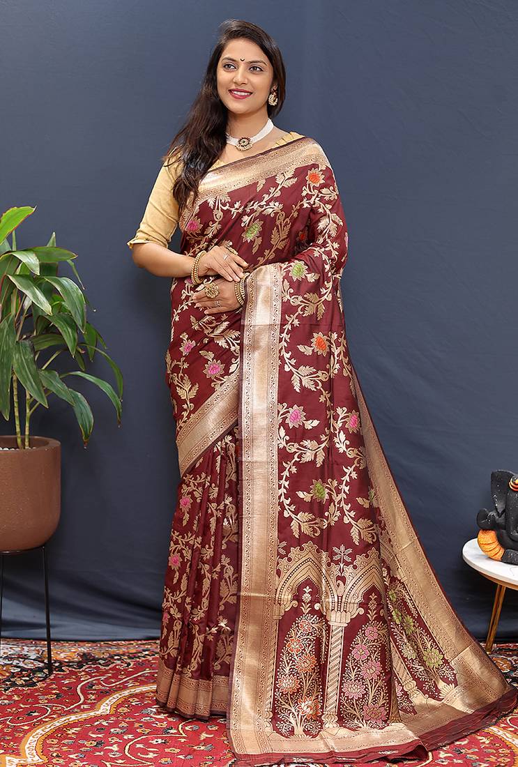 Maroon banarasi silk blend saree with all-over gold zari floral jaal