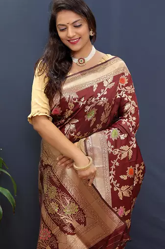 Maroon banarasi silk blend saree with all-over gold zari floral jaal