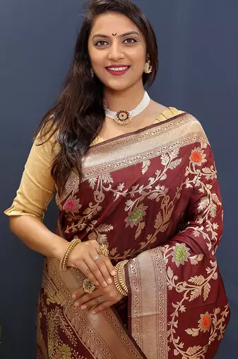 Maroon banarasi silk blend saree with all-over gold zari floral jaal