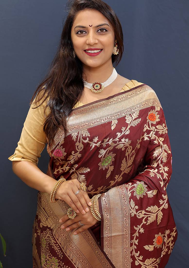 Maroon banarasi silk blend saree with all-over gold zari floral jaal