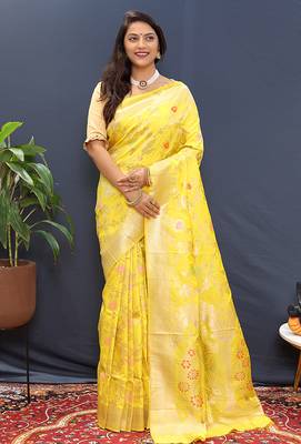 Yellow banarasi silk blend saree with all-over gold zari floral jaal 1