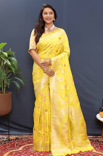 Yellow banarasi silk blend saree with all-over gold zari floral jaal