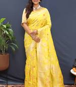 Yellow banarasi silk blend saree with all-over gold zari floral jaal
