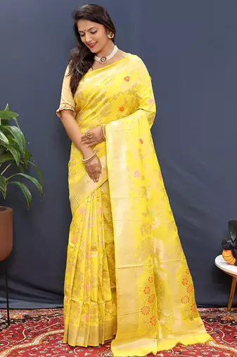 Yellow banarasi silk blend saree with all-over gold zari floral jaal