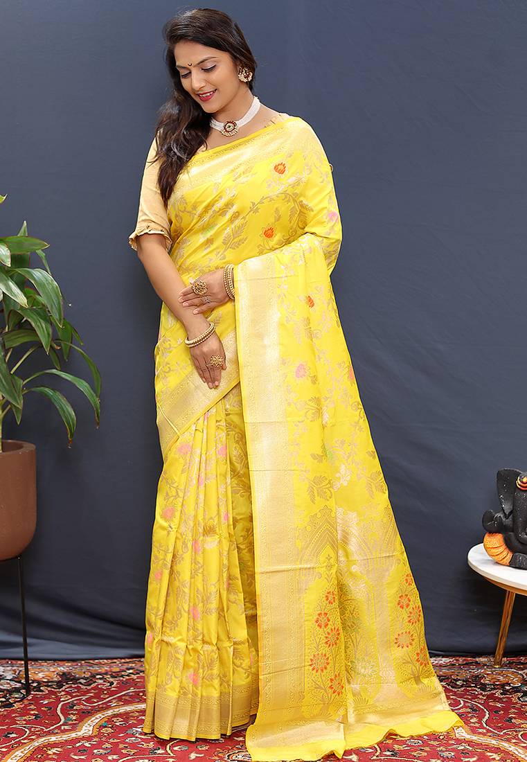 Yellow banarasi silk blend saree with all-over gold zari floral jaal