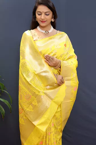 Yellow banarasi silk blend saree with all-over gold zari floral jaal