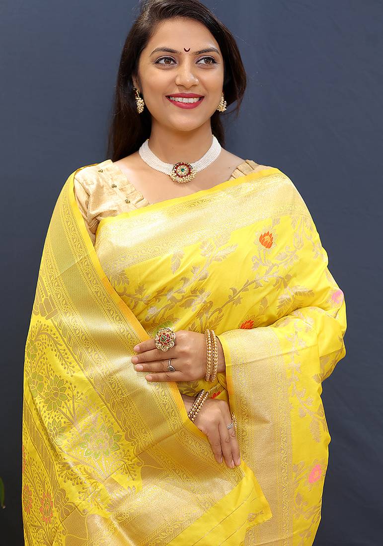 Yellow banarasi silk blend saree with all-over gold zari floral jaal