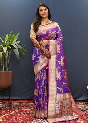Purple banarasi silk blend saree with gold zari floral weaving & rich border 1